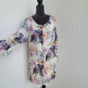 Made in Italy Lightweight Lined Floral Long Sleeve Dress Pink Blue Ivory Sz M